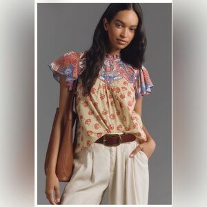 Anthropologie Farm Rio Ruffle-Sleeve Printed Blouse